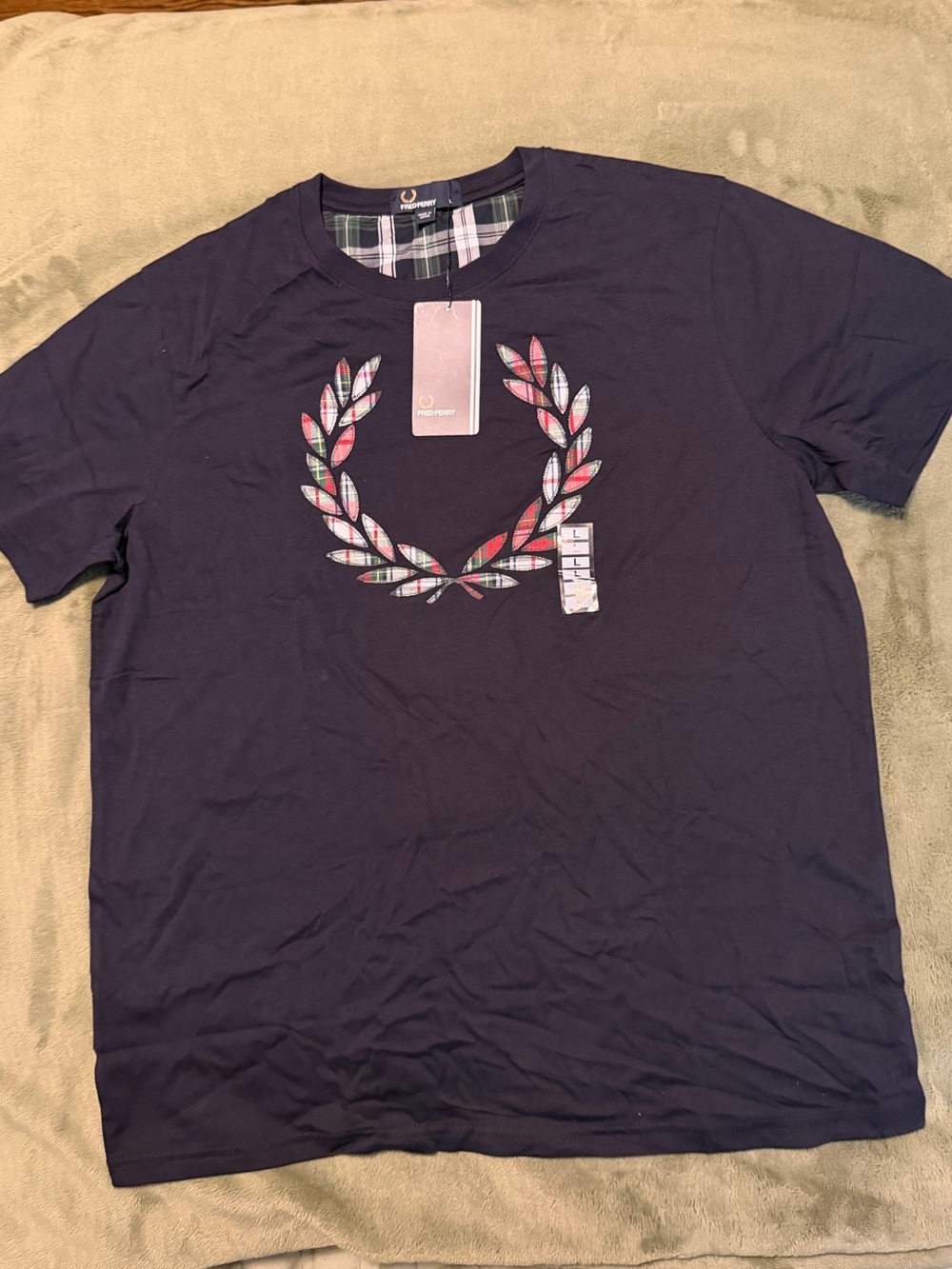 Fred Perry Navy Short-Sleeve Tee with Tartan Plaid stitches Laurel Graphic L